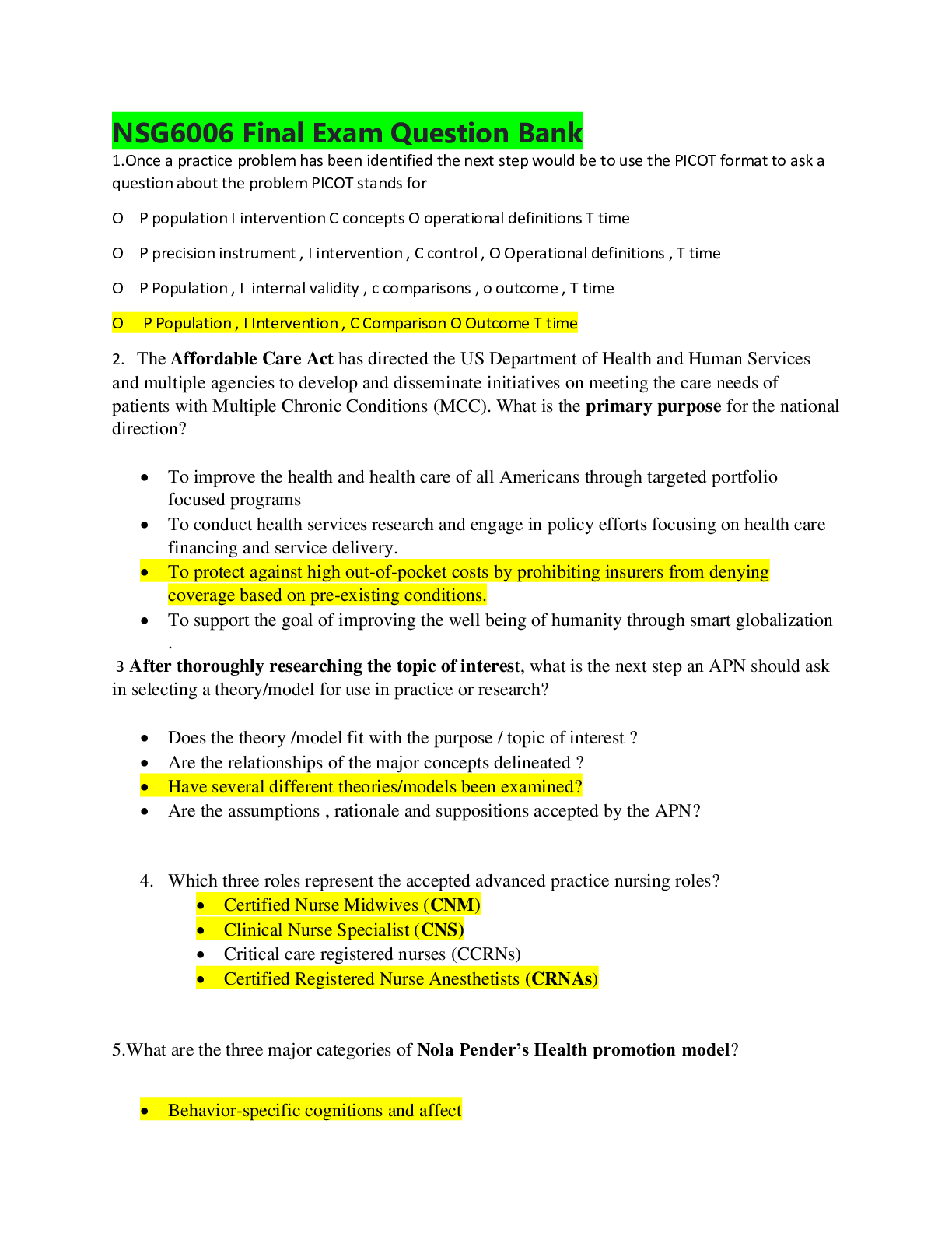 NSG6006 Final Exam Question Bank / NSG 6006 Final Exam Question Bank (Latest, 2020): South University